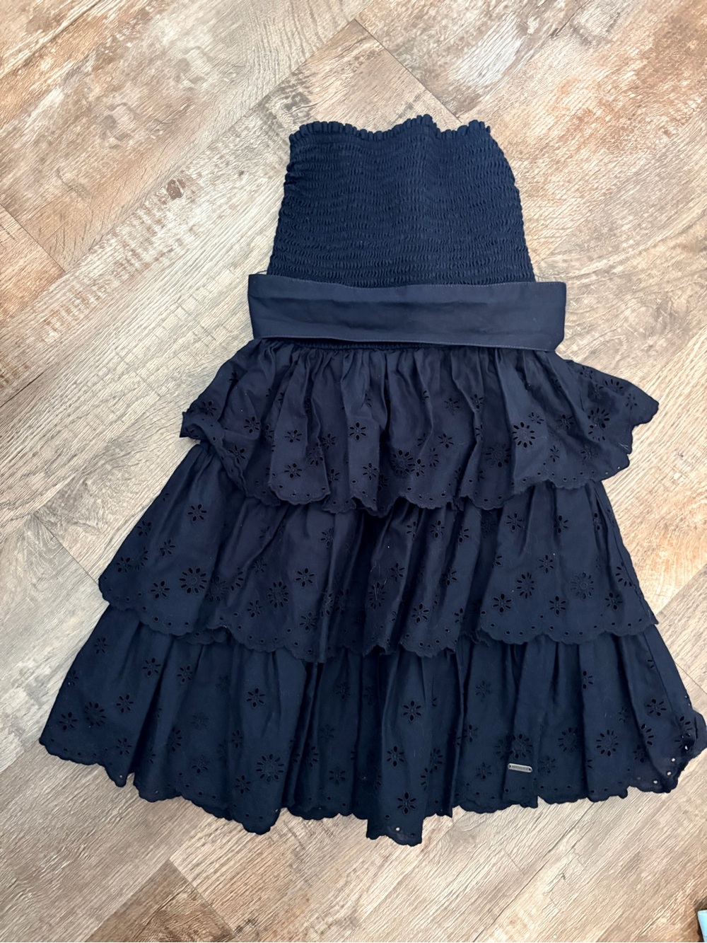 Hollister Smocked Strapless Navy Blue Eyelet Dress